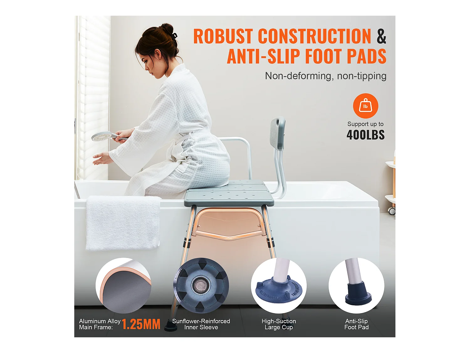 Chaise de Douche SucceBuy, Banc de Transfert de Baignoire, Siège de Douche de Dossier Réversible Capacité de 181 kg