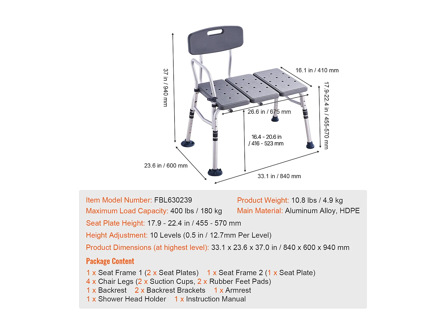 Douchestoel SucceBuy, Badtransferbank, Douchesit met Omklapbaar Rugleuning, Capaciteit 181 kg