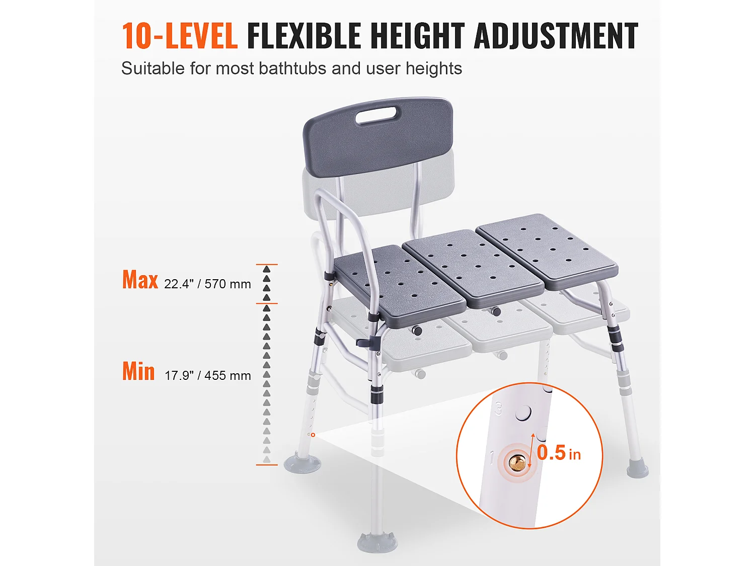 Douchestoel SucceBuy, Badtransferbank, Douchesit met Omklapbaar Rugleuning, Capaciteit 181 kg