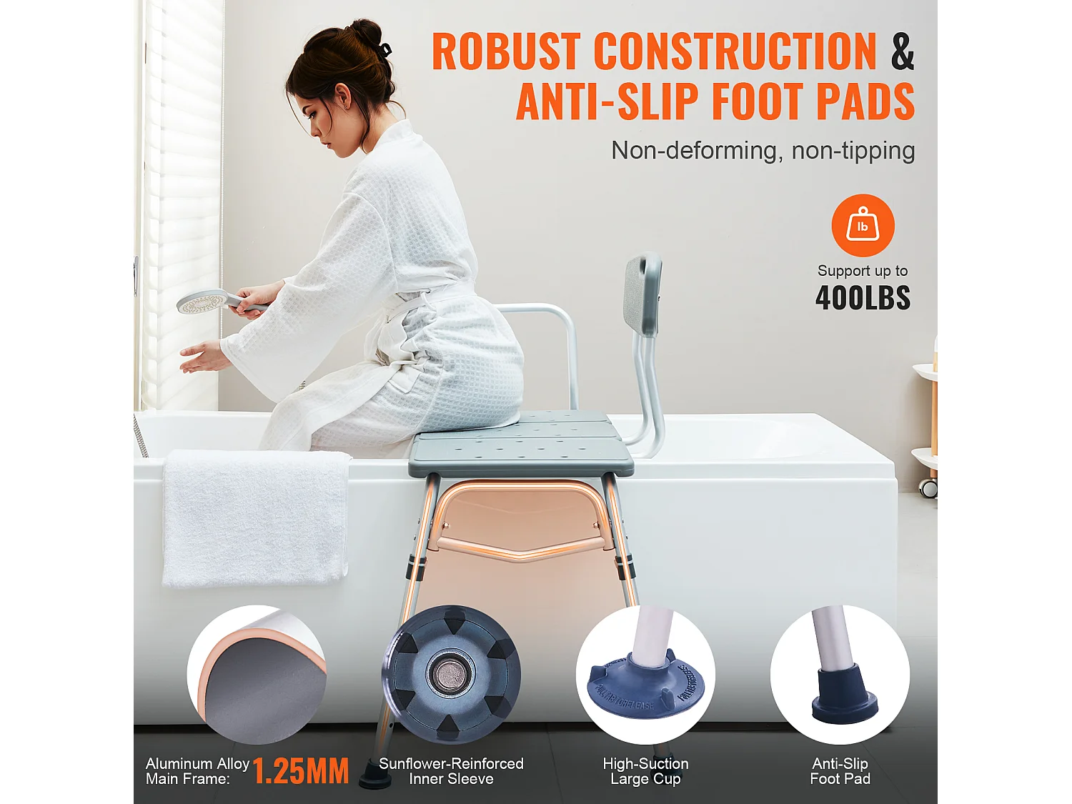 Douchestoel SucceBuy, Badtransferbank, Douchesit met Omklapbaar Rugleuning, Capaciteit 181 kg