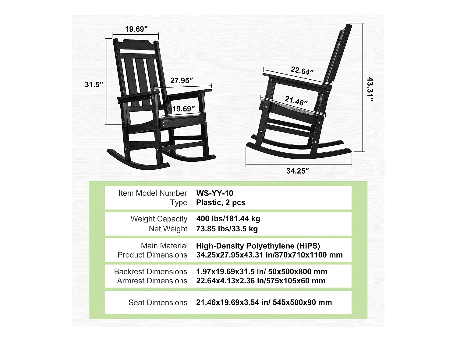 Lot de 2 Chaise à Bascule SucceBuy, 2 Fauteuils à Bascule pour Espaces Extérieurs, Fabriquée en Polystyrène Haute Densité