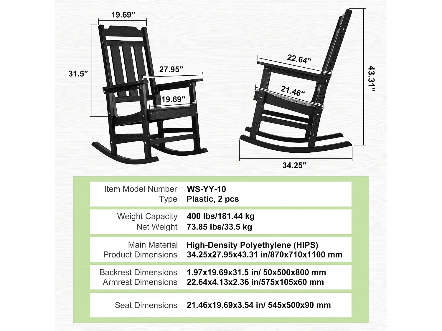 Lot de 2 Chaise à Bascule SucceBuy, 2 Fauteuils à Bascule pour Espaces Extérieurs, Fabriquée en Polystyrène Haute Densité