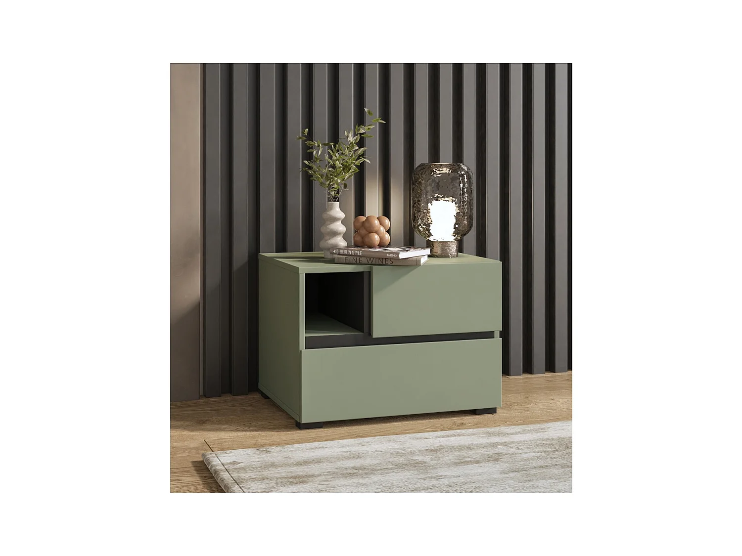 Mesa de noche HAVANA – 2 cajones y 1 nicho – Color verde salvia y negro – Diseño compacto y elegante