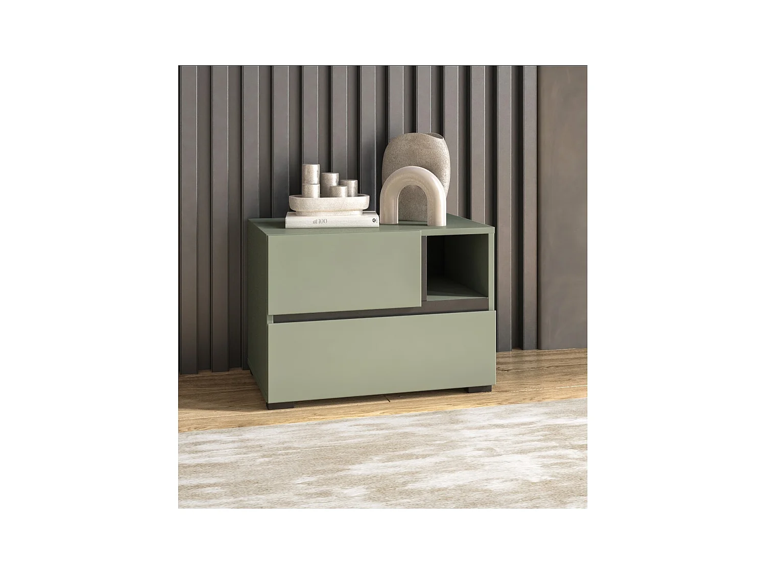 Mesa de noche HAVANA – 2 cajones y 1 nicho – Color verde salvia y negro – Diseño compacto y elegante