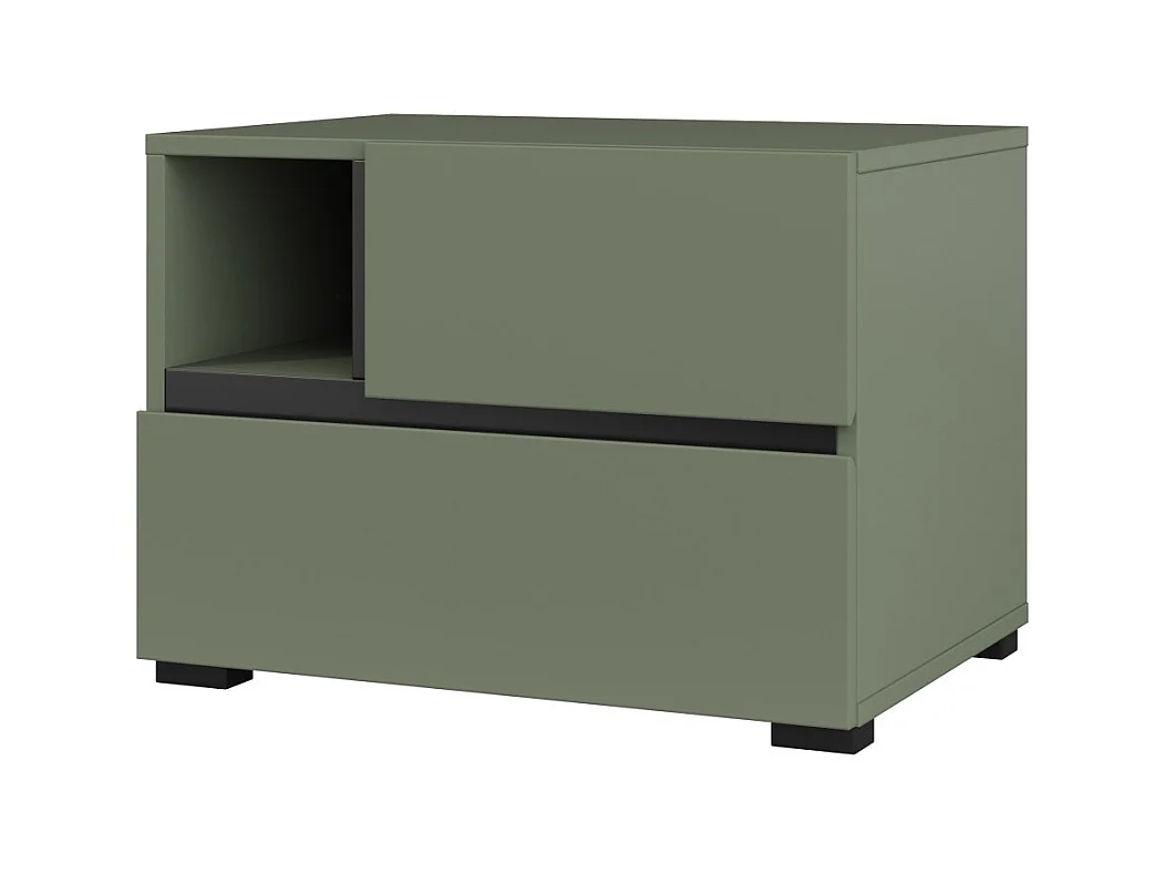 Table de chevet HAVANA – 2 tiroirs et 1 niche – Coloris vert sauge et noir – Design compact et élégant