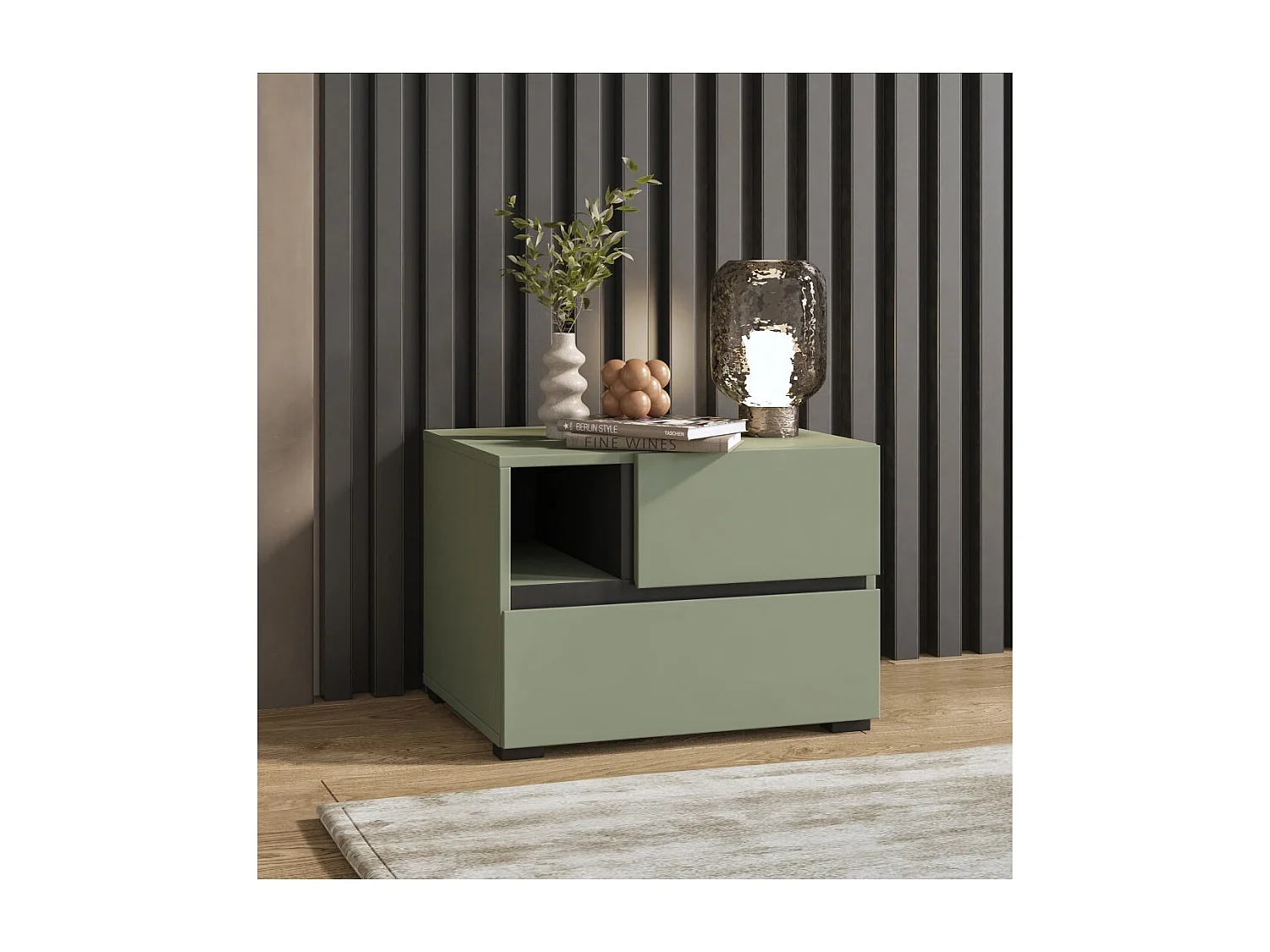 Mesa de noche HAVANA – 2 cajones y 1 nicho – Color verde salvia y negro – Diseño compacto y elegante