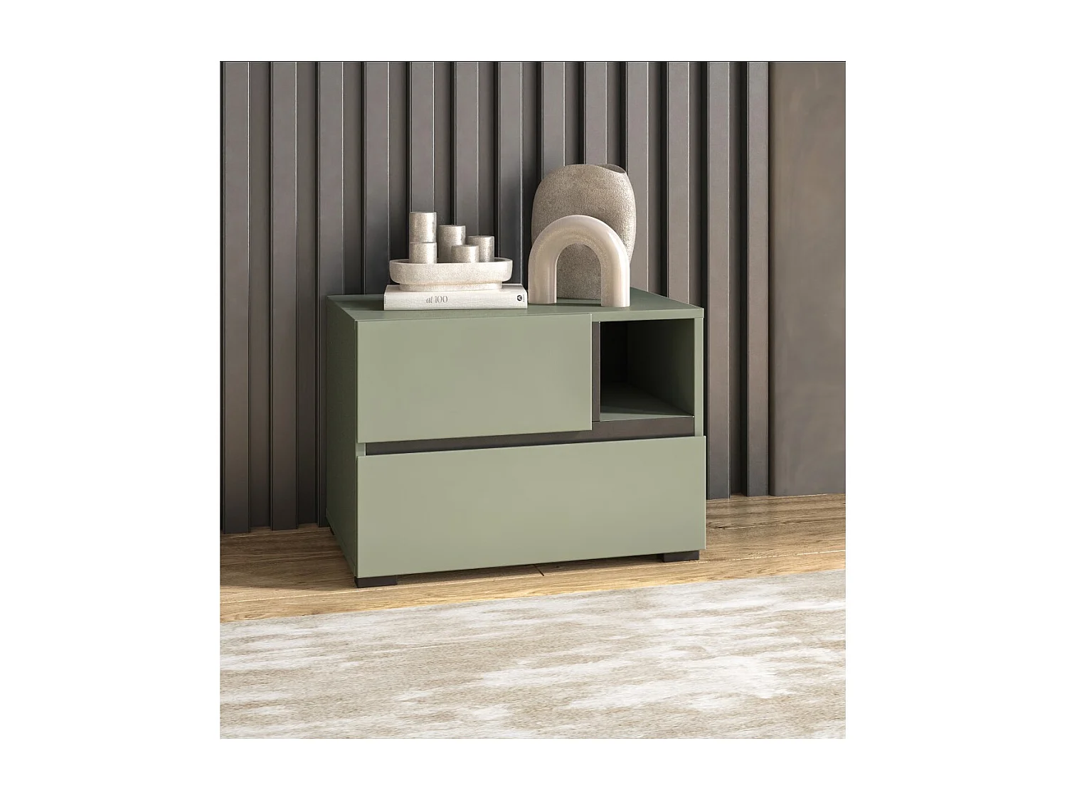 Mesa de noche HAVANA – 2 cajones y 1 nicho – Color verde salvia y negro – Diseño compacto y elegante