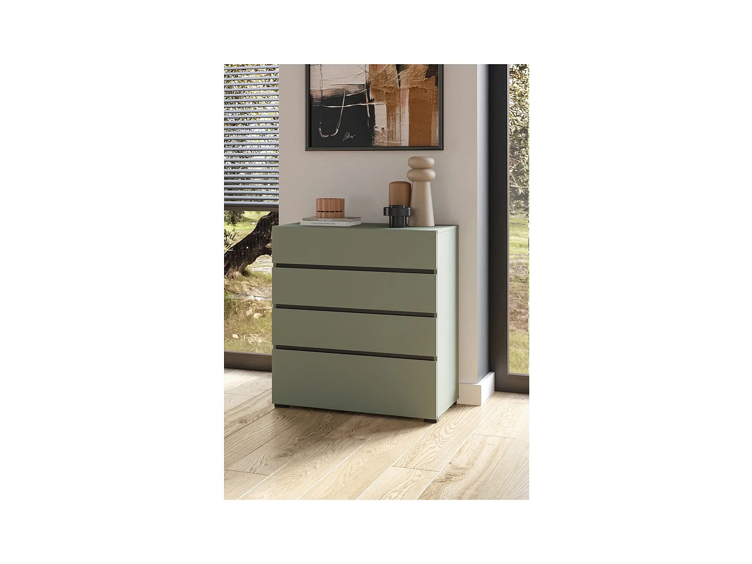 Commode HAVANA – 4 tiroirs – Coloris vert sauge et noir – Style moderne et rangement compact