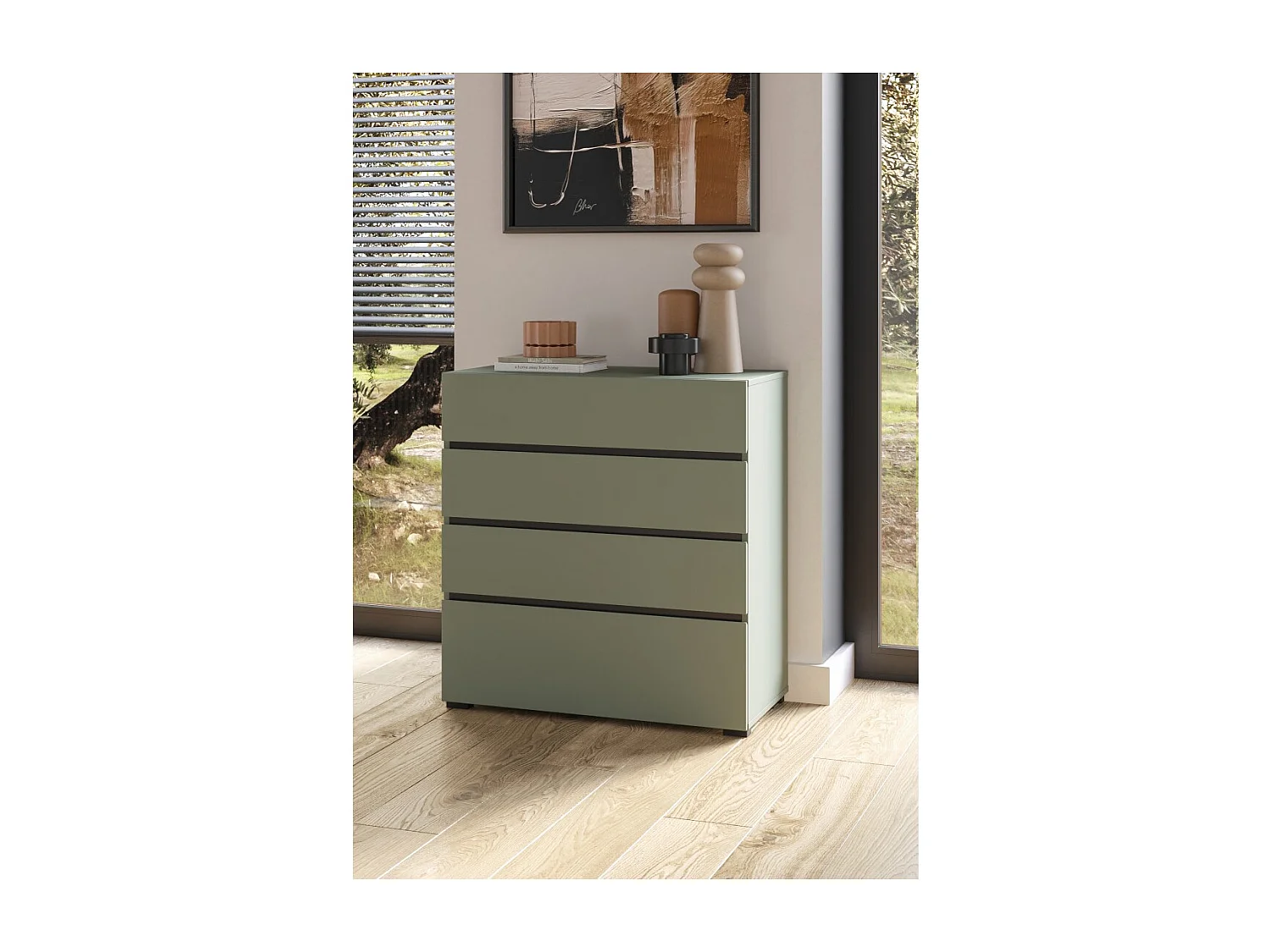 Commode HAVANA – 4 tiroirs – Coloris vert sauge et noir – Style moderne et rangement compact