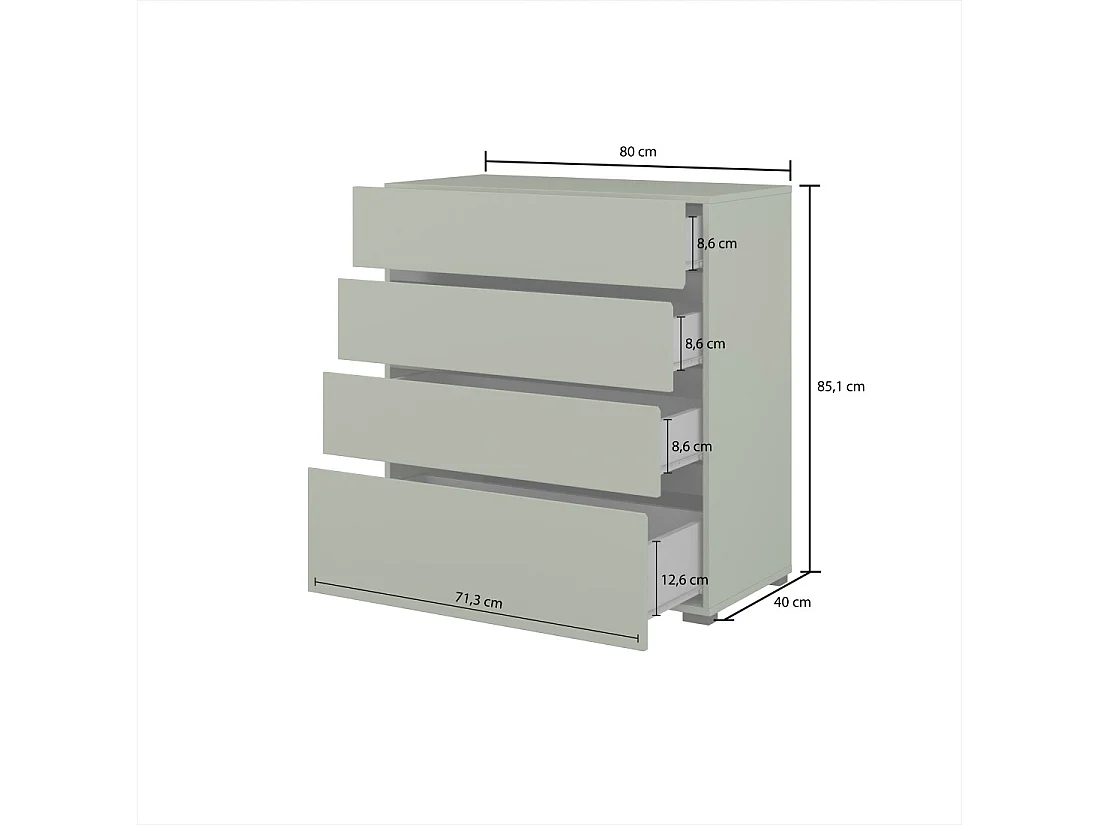 Commode HAVANA – 4 tiroirs – Coloris vert sauge et noir – Style moderne et rangement compact