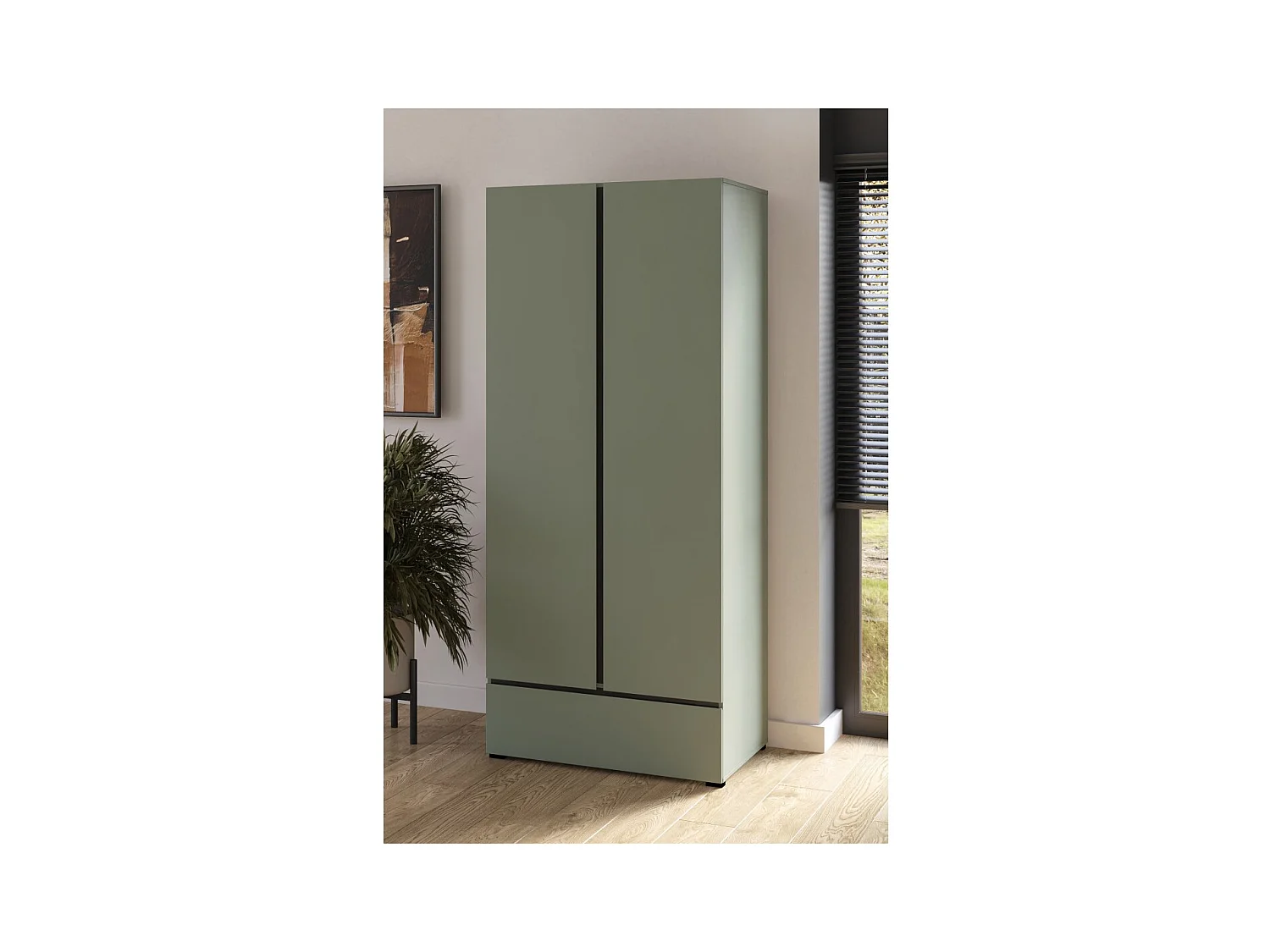 Armoire HAVANA 90 cm – 2 portes + 1 tiroir – Coloris vert sauge et noir – Design moderne et compact
