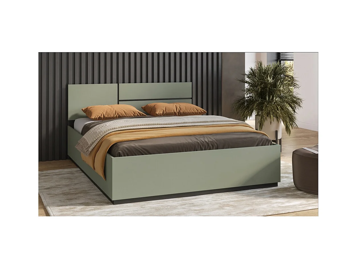Cama con canapé HAVANA 160x200 cm – Color verde salvia y negro – Diseño práctico y moderno