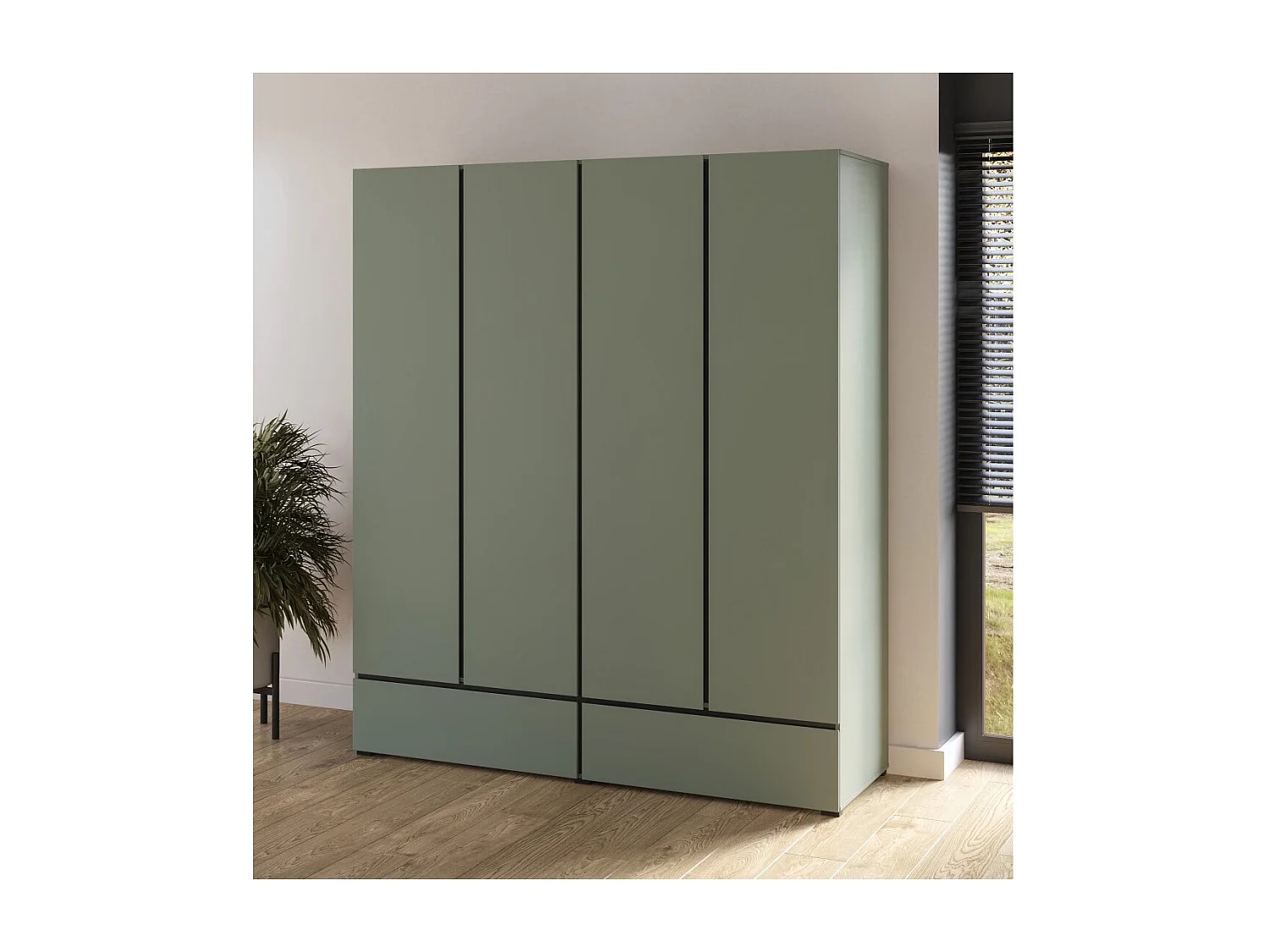 Armoire HAVANA 180 cm – 4 portes + 2 tiroirs – Coloris vert sauge et noir – Design moderne et grande capacité