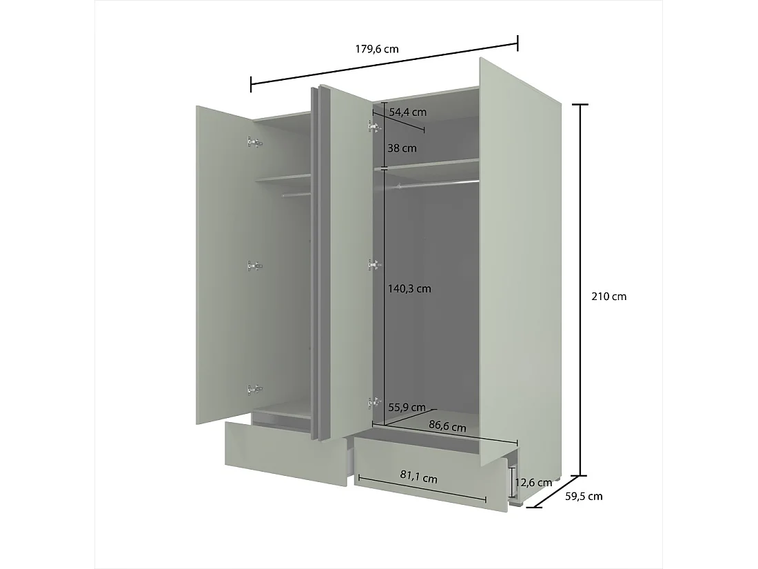 Armoire HAVANA 180 cm – 4 portes + 2 tiroirs – Coloris vert sauge et noir – Design moderne et grande capacité