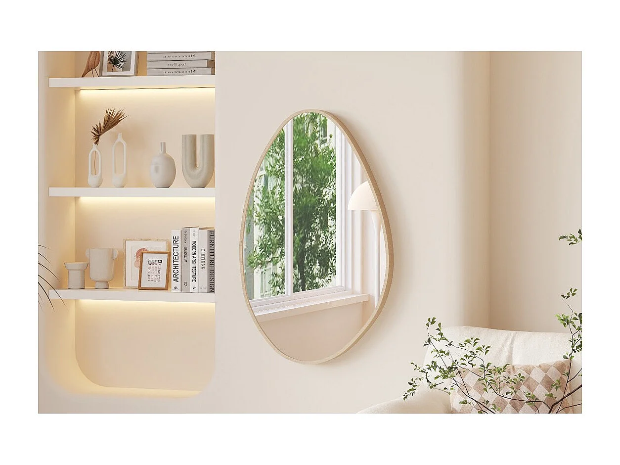 Espejo asimétrico NARA – 50x80 cm – Acabado en roble envejecido – MDF con decoración de madera – Estilo orgánico y de moda