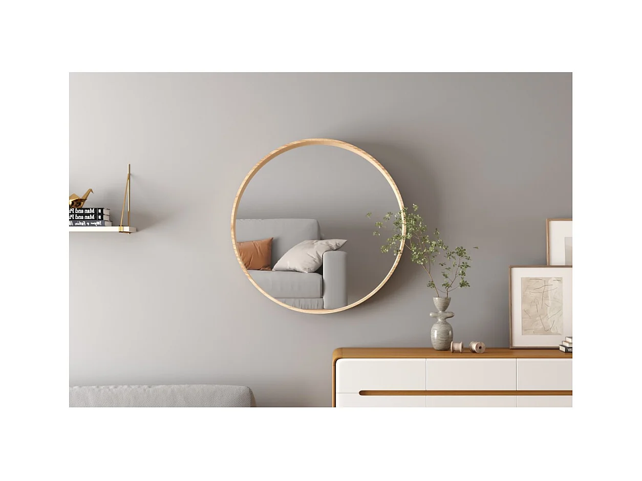 Espelho redondo RIO – Ø80 cm – Acabamento em carvalho envelhecido – MDF com decoração de madeira – Design natural e moderno