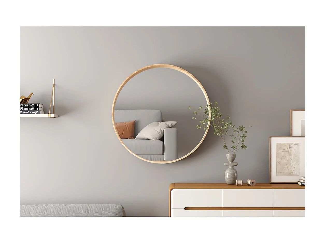 Espejo redondo RIO – Ø80 cm – Acabado en roble envejecido – MDF con decoración de madera – Diseño natural y de tendencia