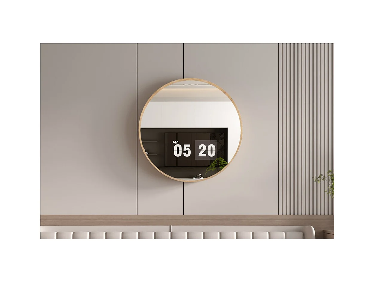 Miroir rond RIO avec bord – Ø80 cm – Finition chêne vieilli – Cadre épais – Design naturel et moderne