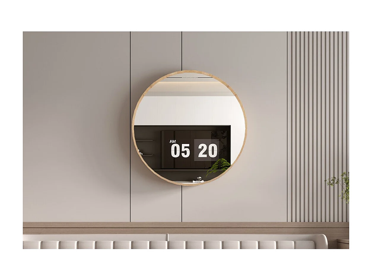 Espejo redondo RIO con borde – Ø80 cm – Acabado en roble envejecido – Marco grueso – Diseño natural y moderno