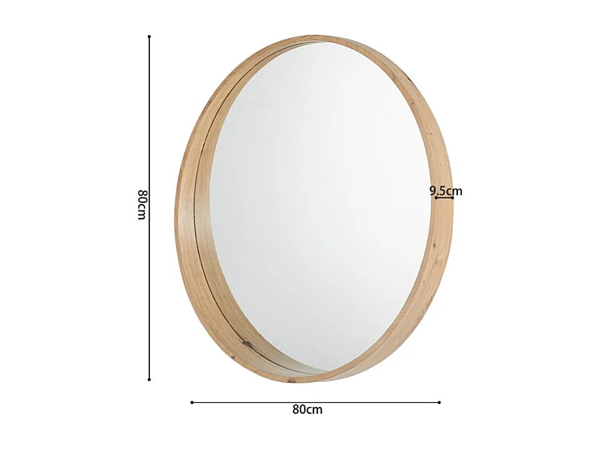 Espejo redondo RIO con borde – Ø80 cm – Acabado en roble envejecido – Marco grueso – Diseño natural y moderno