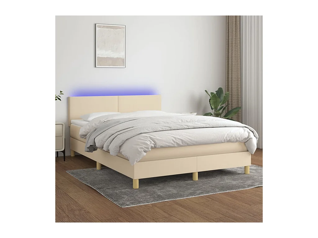 Cama box spring con colchón y LED tela crema 140x200 cm