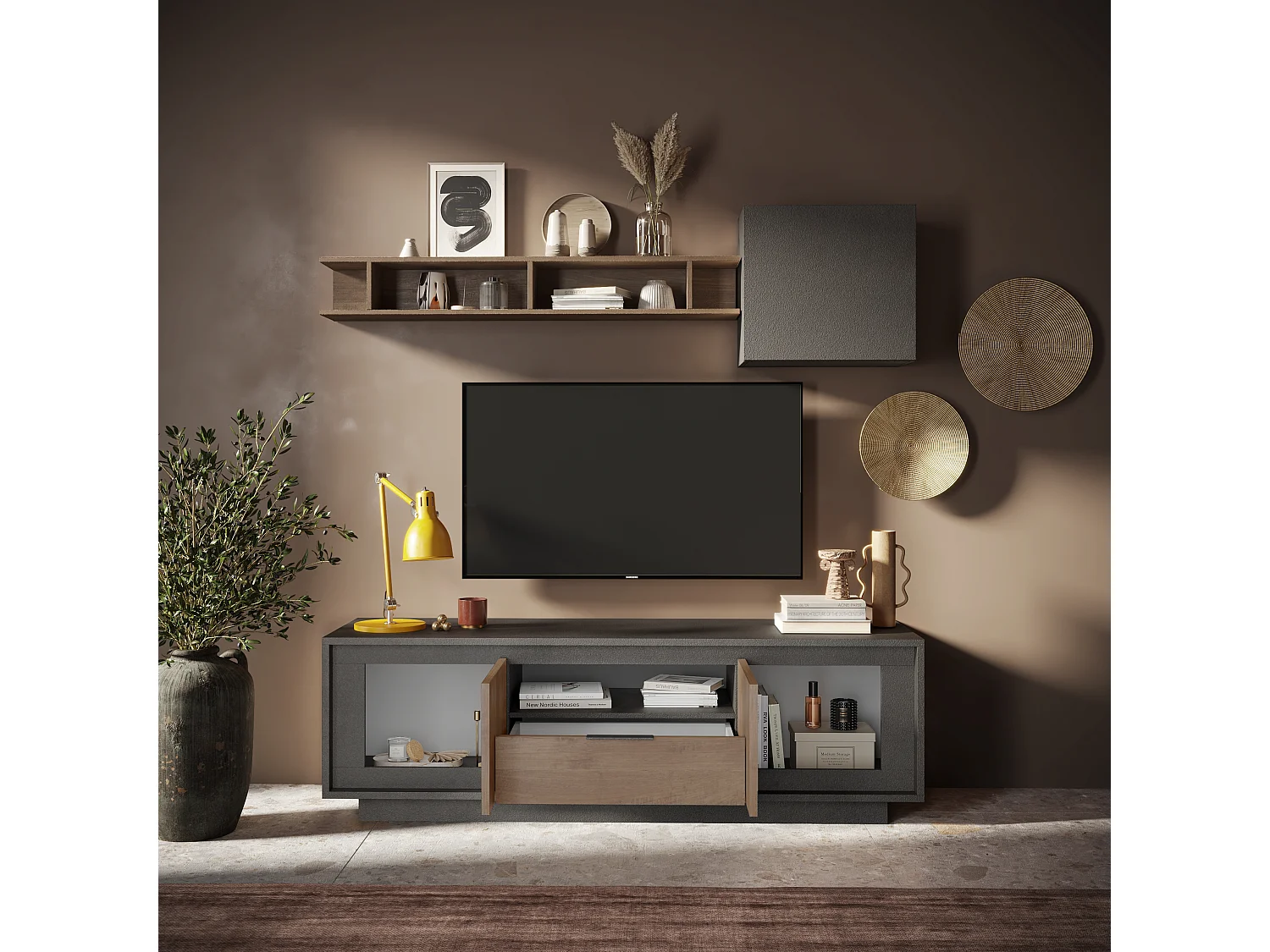 Mobile porta TV con 2 ante e un cassetto 184x58 cm grafite e rovere scuro PTL24