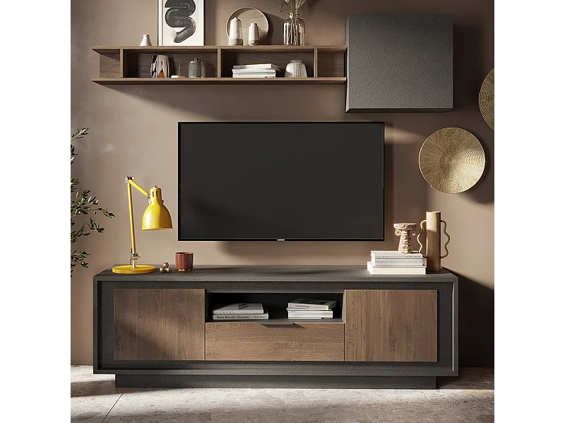 Mobile porta TV con 2 ante e un cassetto 184x58 cm grafite e rovere scuro PTL24