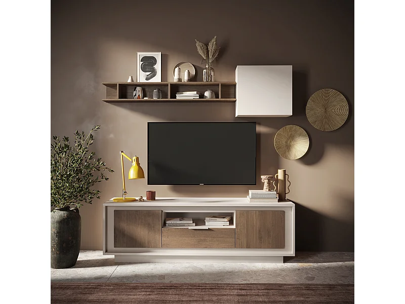 Mobile porta TV con 2 ante e un cassetto 184x58 cm cashmere e rovere scuro PTL24