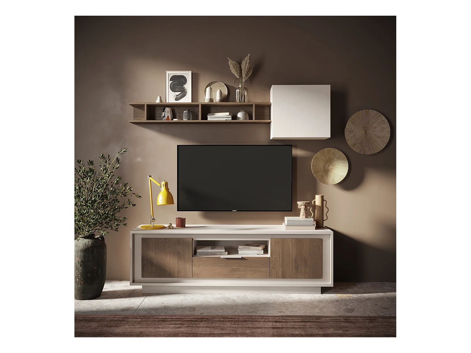 Mobile porta TV con 2 ante e un cassetto 184x58 cm cashmere e rovere scuro PTL24