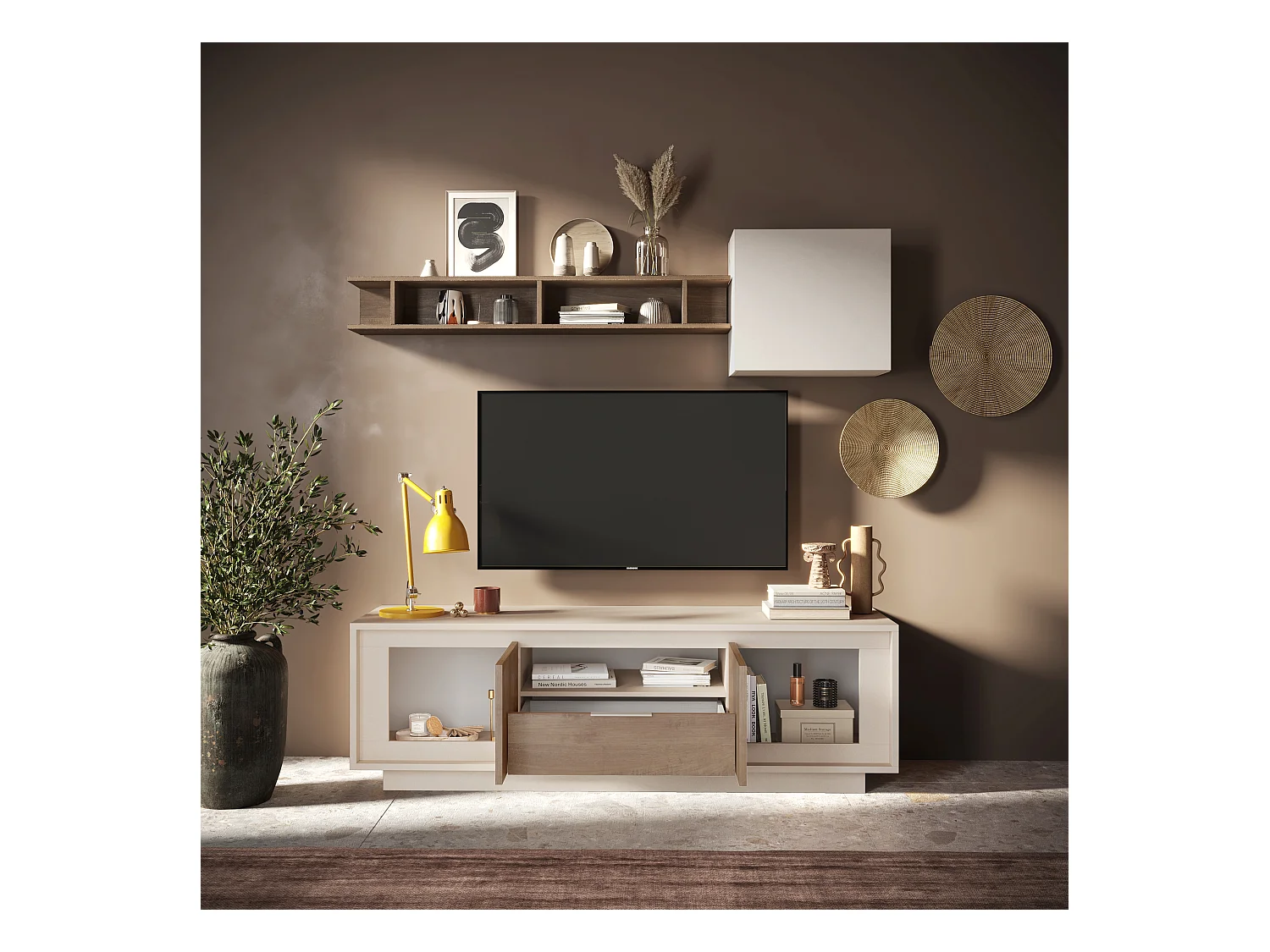 Mobile porta TV con 2 ante e un cassetto 184x58 cm cashmere e rovere scuro PTL24