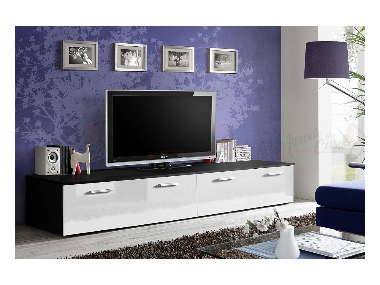 Mobile porta TV contemporanea per salotto con due ante 200x35 nero e bianco lucido PTVP1