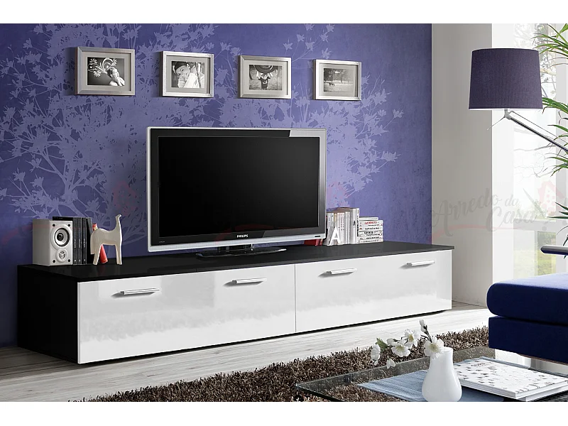 Mobile porta TV contemporanea per salotto con due ante 200x35 nero e bianco lucido PTVP1