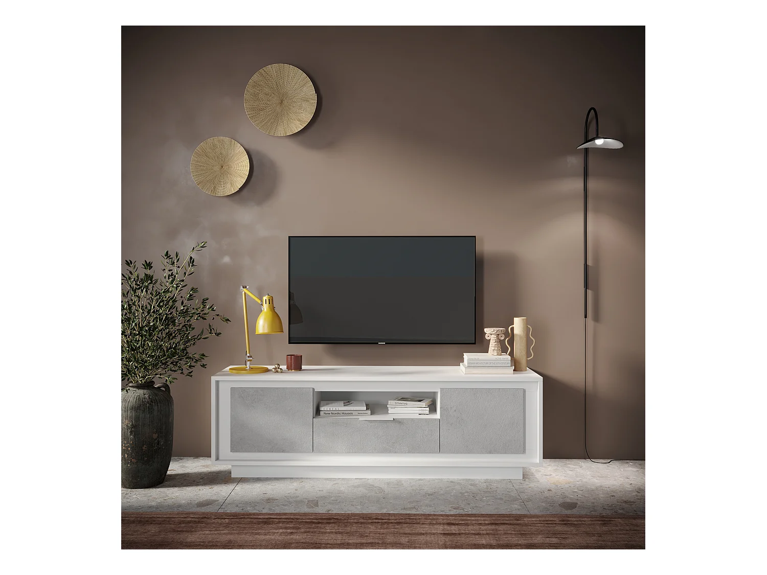 Mobile porta TV con 2 ante e un cassetto 184x58 cm bianco opaco e cemento PTL24