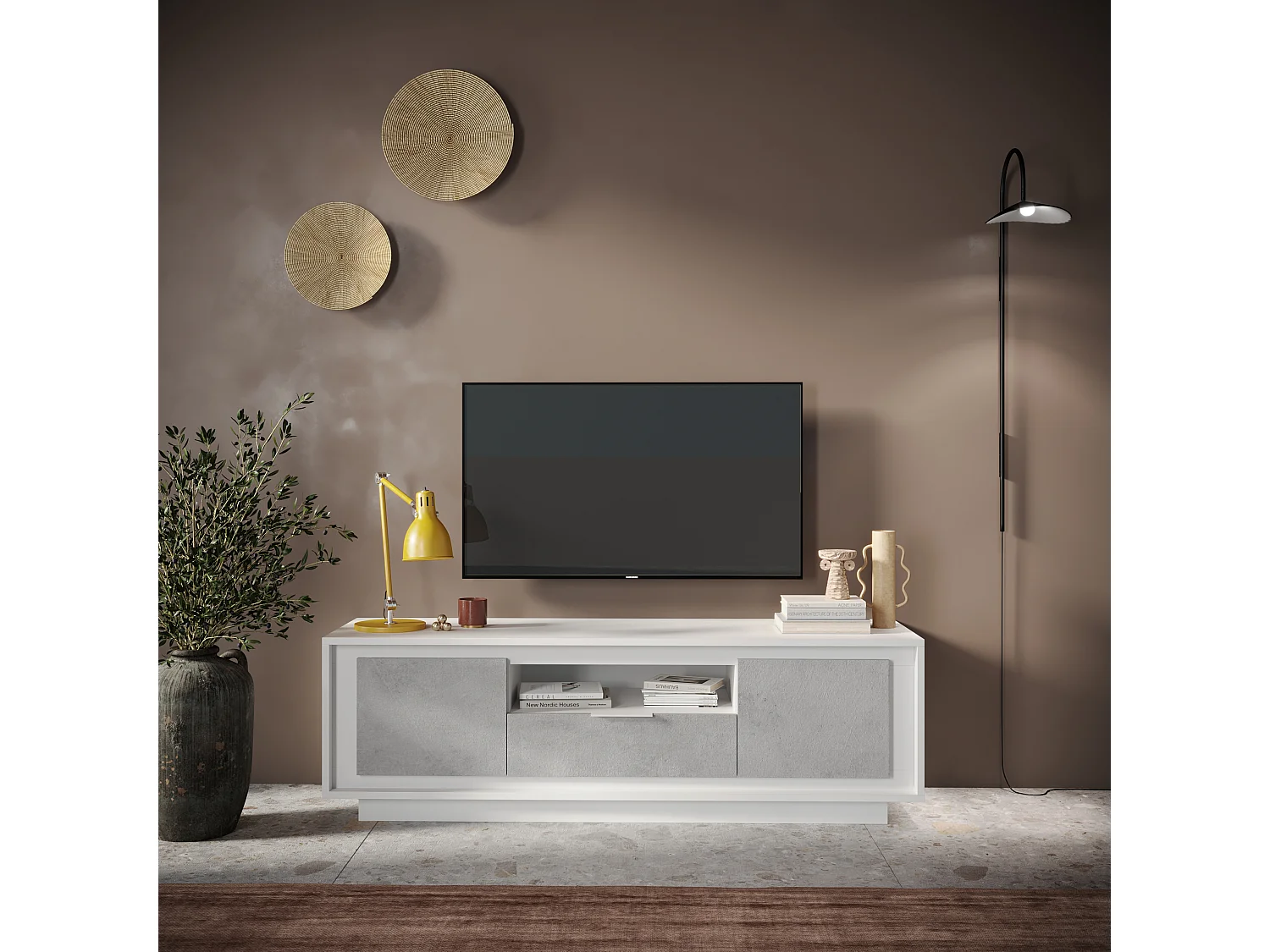 Mobile porta TV con 2 ante e un cassetto 184x58 cm bianco opaco e cemento PTL24