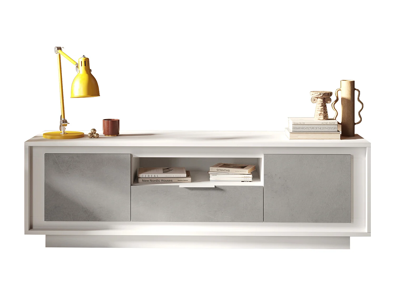 Mobile porta TV con 2 ante e un cassetto 184x58 cm bianco opaco e cemento PTL24