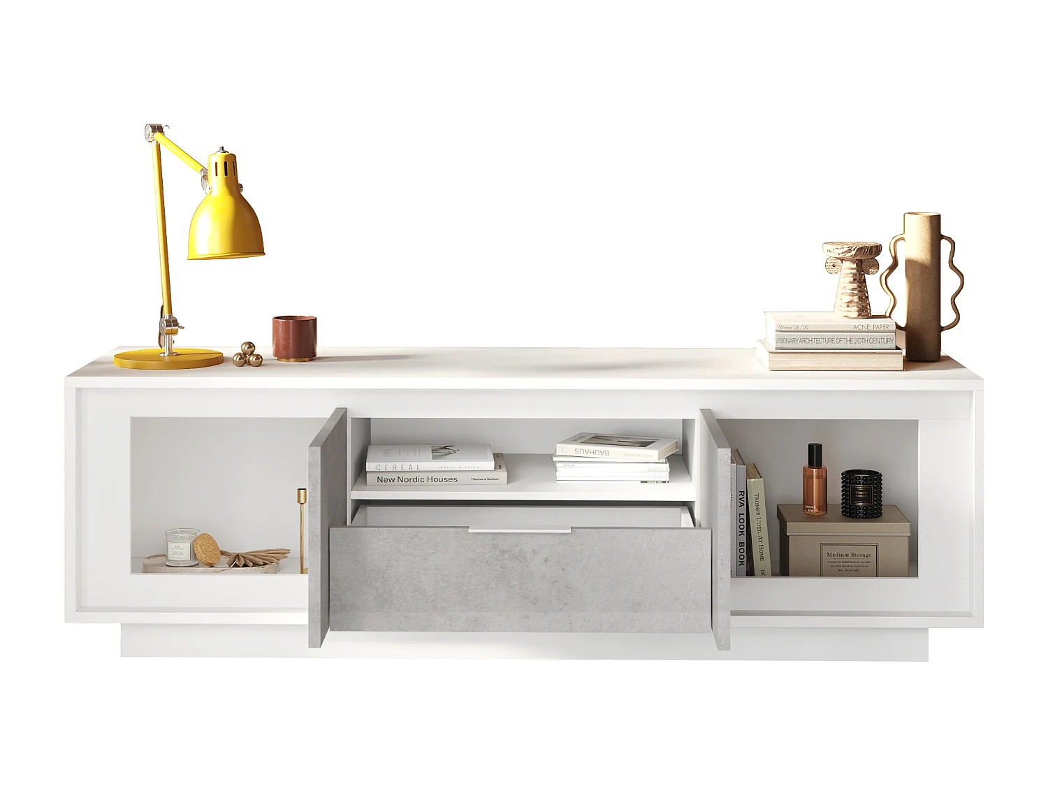 Mobile porta TV con 2 ante e un cassetto 184x58 cm bianco opaco e cemento PTL24