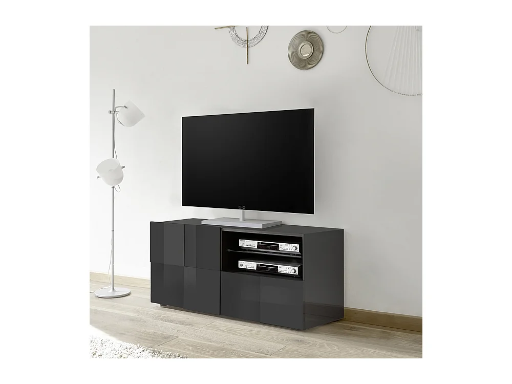 Mobile porta TV moderno con anta singola e cassetto design geometrico 121x57 PTL5 grigio lucido