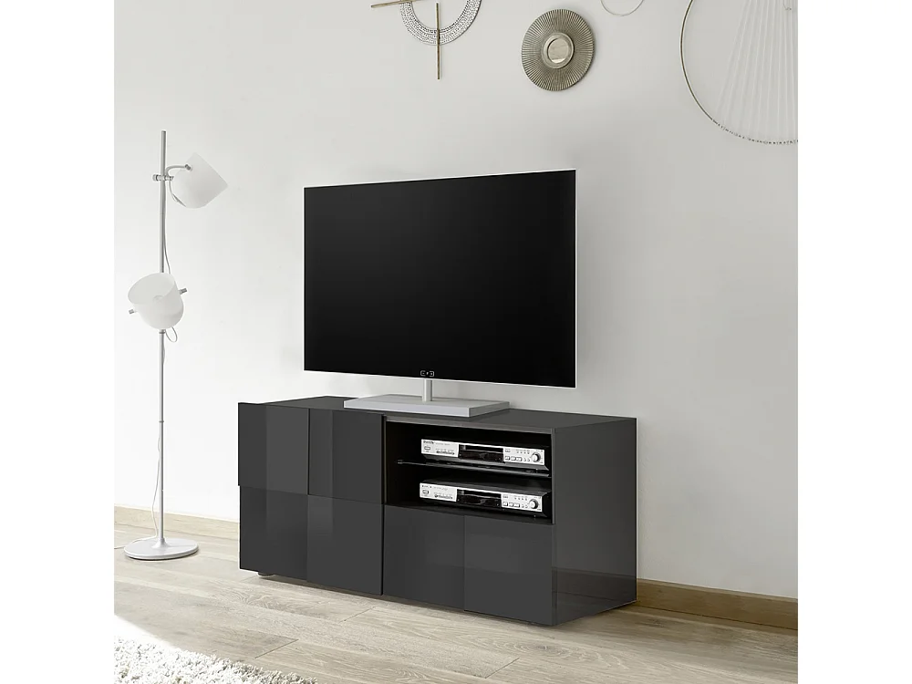 Mobile porta TV moderno con anta singola e cassetto design geometrico 121x57 PTL5 grigio lucido