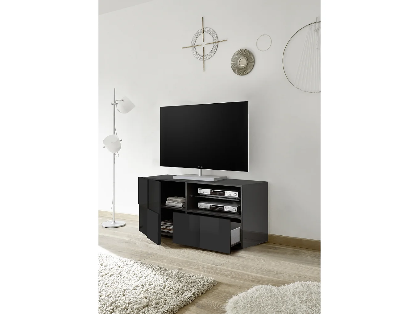 Mobile porta TV moderno con anta singola e cassetto design geometrico 121x57 PTL5 grigio lucido