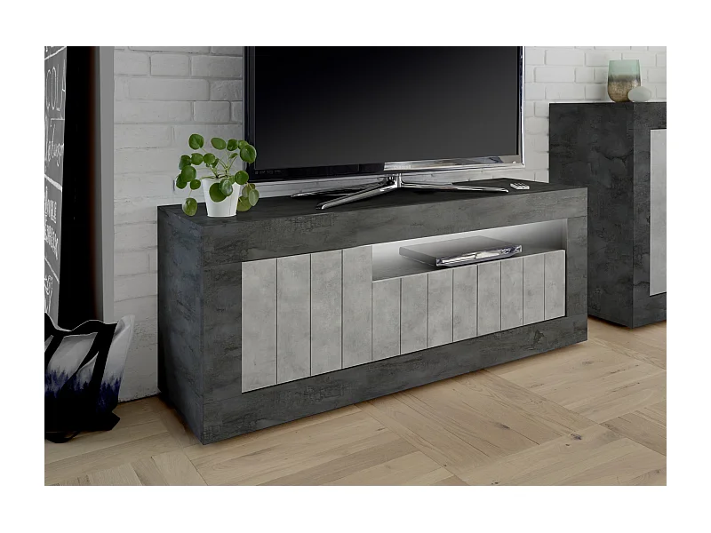 Mobile porta TV compatto con tre ante battenti design moderno 138x56 PTL19 ossido e cemento