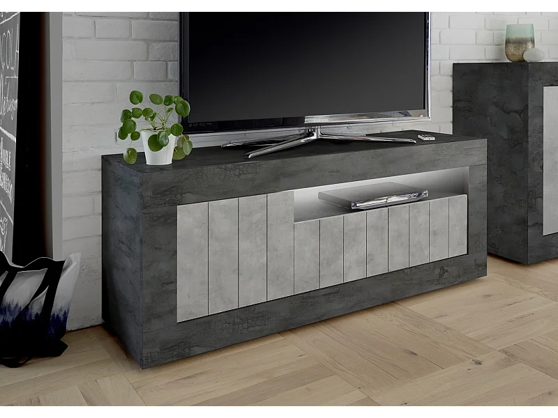 Mobile porta TV compatto con tre ante battenti design moderno 138x56 PTL19 ossido e cemento