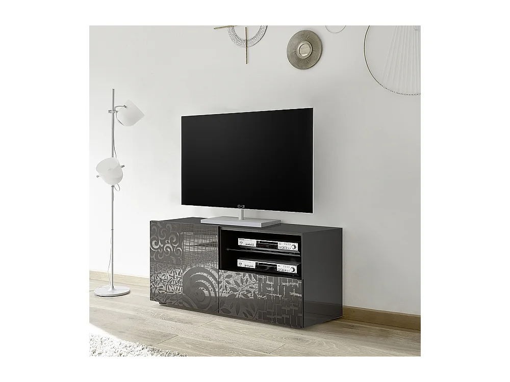 Mobile porta TV piccolo moderno con anta singola e cassetto serigrafato 122x57 PTL15 bianco lucido