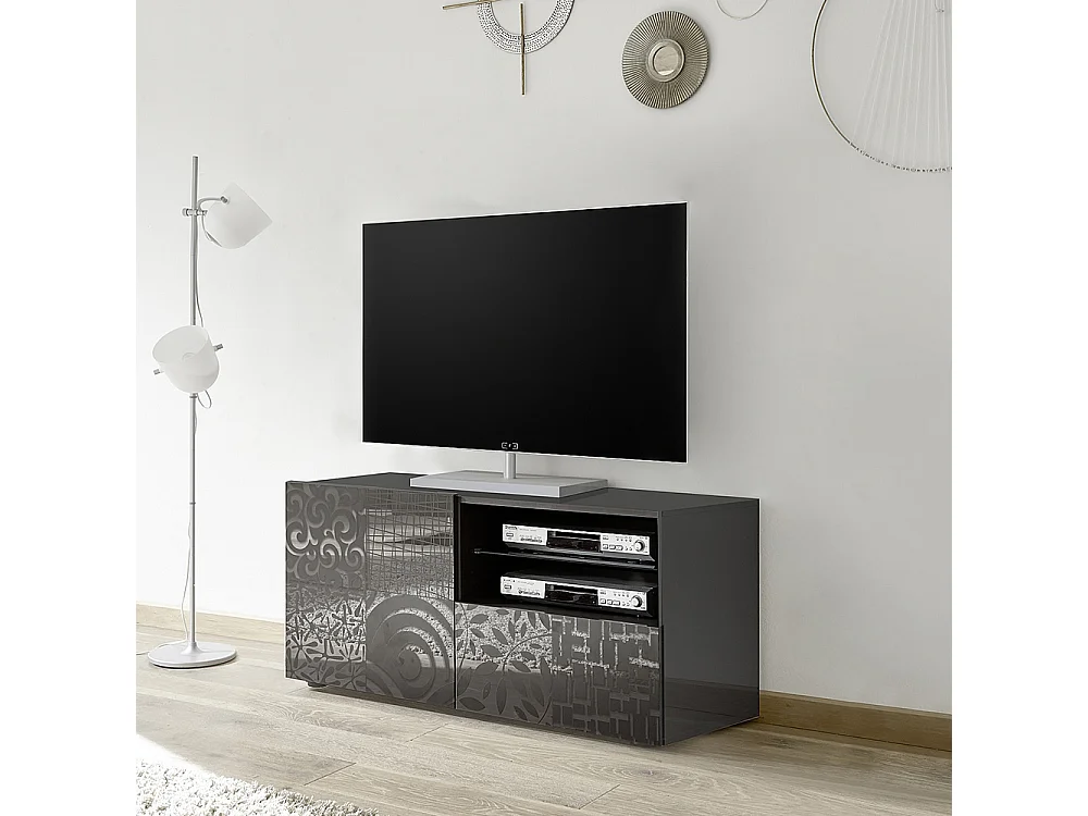 Mobile porta TV piccolo moderno con anta singola e cassetto serigrafato 122x57 PTL15 bianco lucido