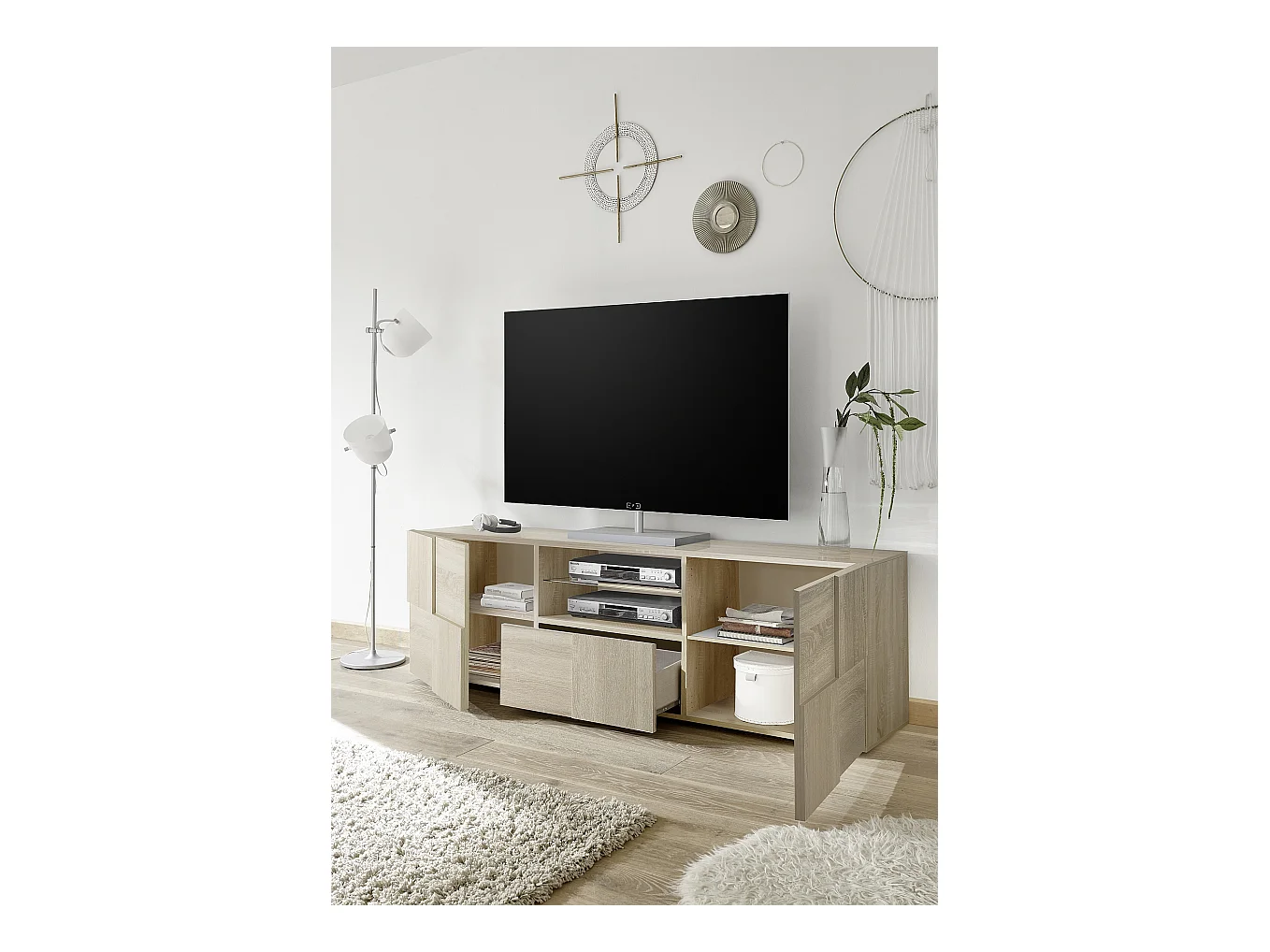 Mobile porta TV moderno con design geometrico doppia anta e cassetto 181x57 PTL4 rovere samoa