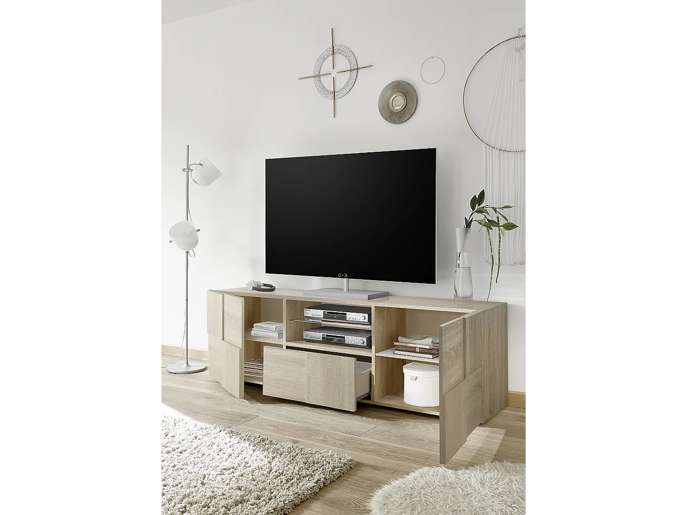 Mobile porta TV moderno con design geometrico doppia anta e cassetto 181x57 PTL4 rovere samoa