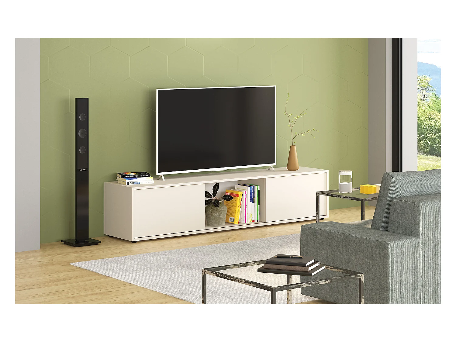 Mobile porta TV moderno 180x40 cm con ante scorrevoli beige PTG7