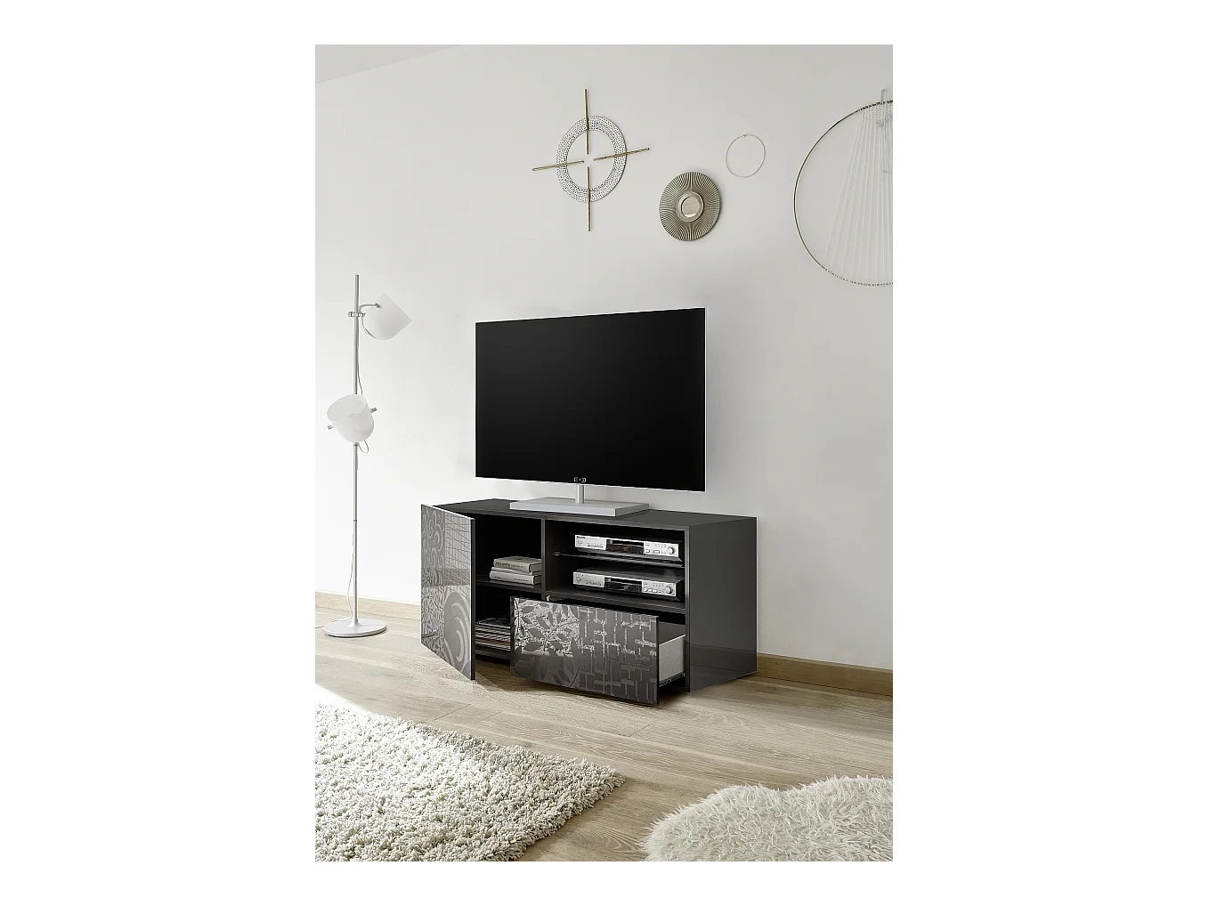 Mobile porta TV piccolo moderno con anta singola e cassetto serigrafato 122x57 PTL15 grigio lucido