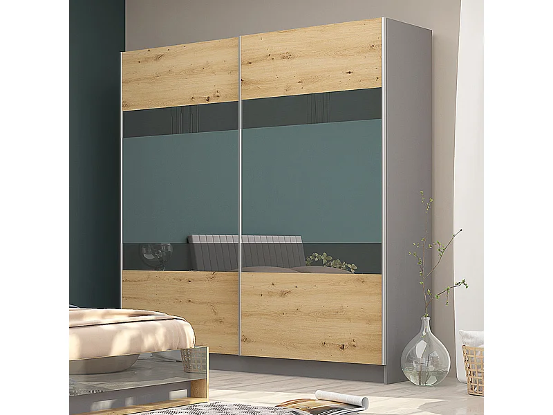 Armadio per camera da letto ad ante scorrevoli rovere, grigio e antracite lucido AG33