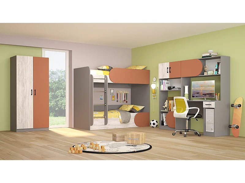 Cameretta completa con letto a castello grigio, bianco legno, arancio CBG1