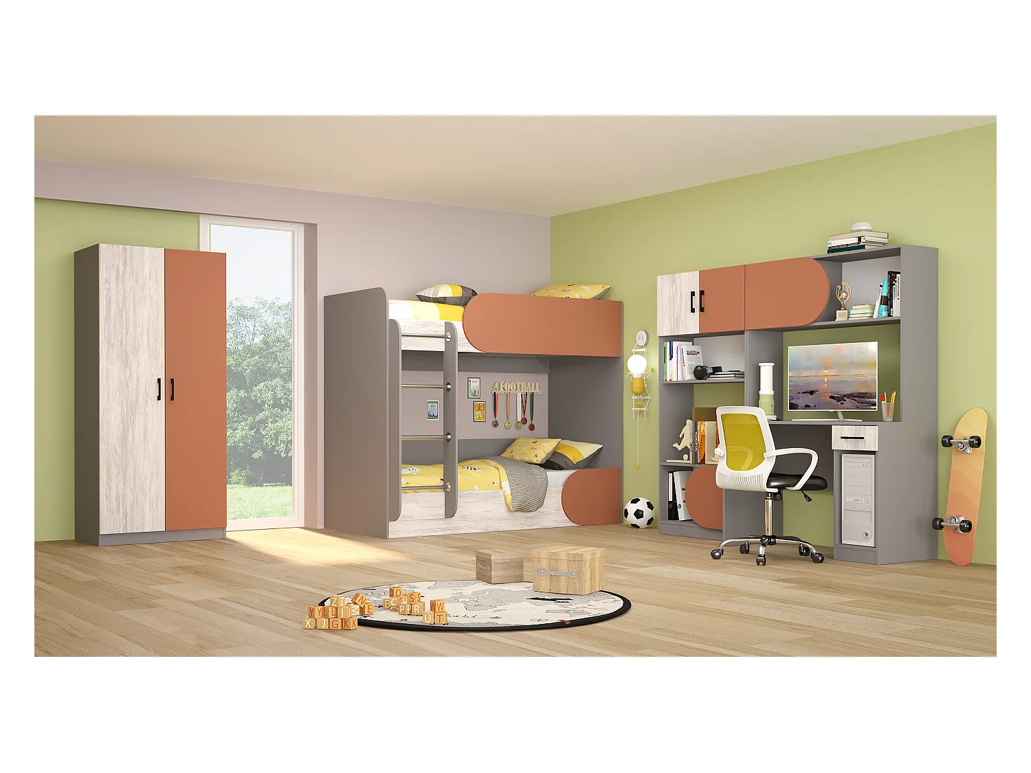 Cameretta completa con letto a castello grigio, bianco legno, arancio CBG1